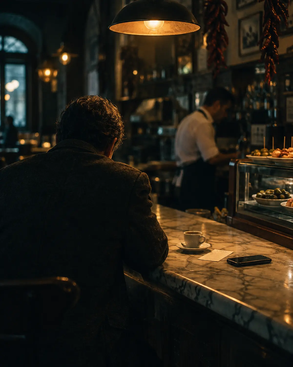 Una persona de espaldas en la barra de un café-bar en penumbra, bajo una lámpara cálida, con una taza, un ticket y un móvil boca abajo