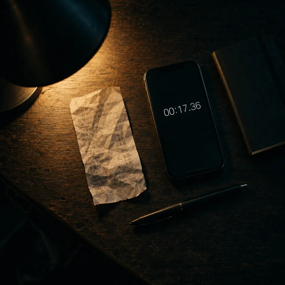 Ticket de papel arrugado, móvil con un cronómetro y cuaderno sobre un escritorio oscuro bajo una lámpara